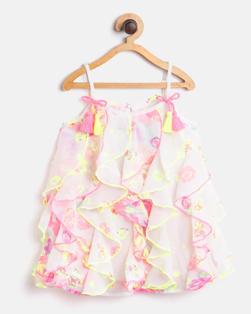 Nautinati Girls' Chiffon All-over Floral & Butterfly Print Ruffled A-line Dress with Tassels